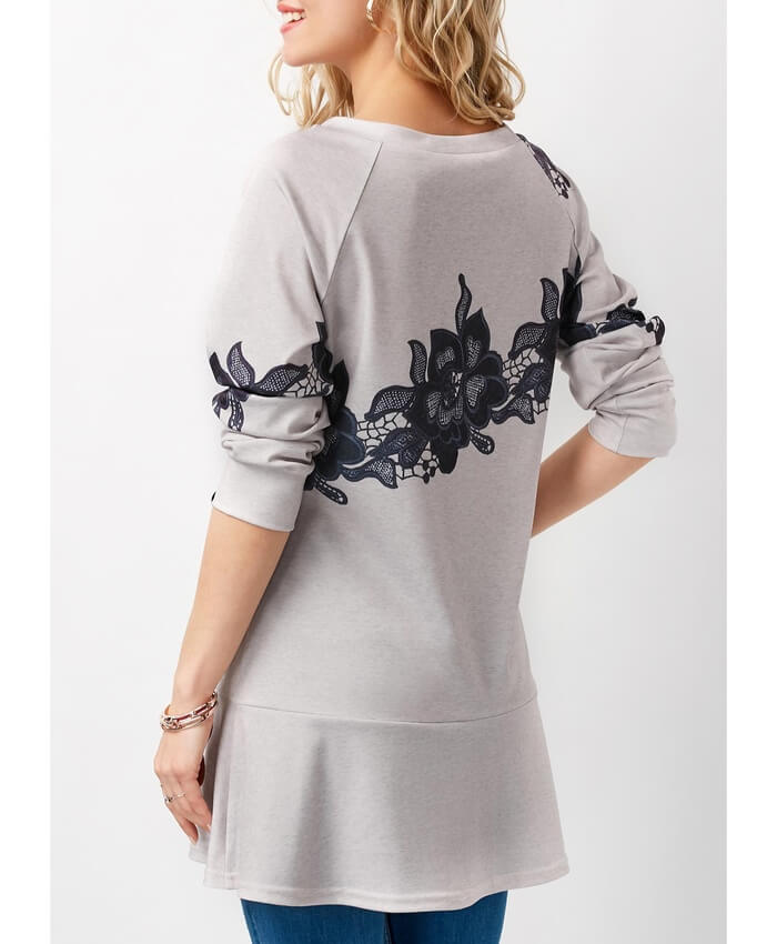 Long Sleeve Printed Light Grey T Shirt